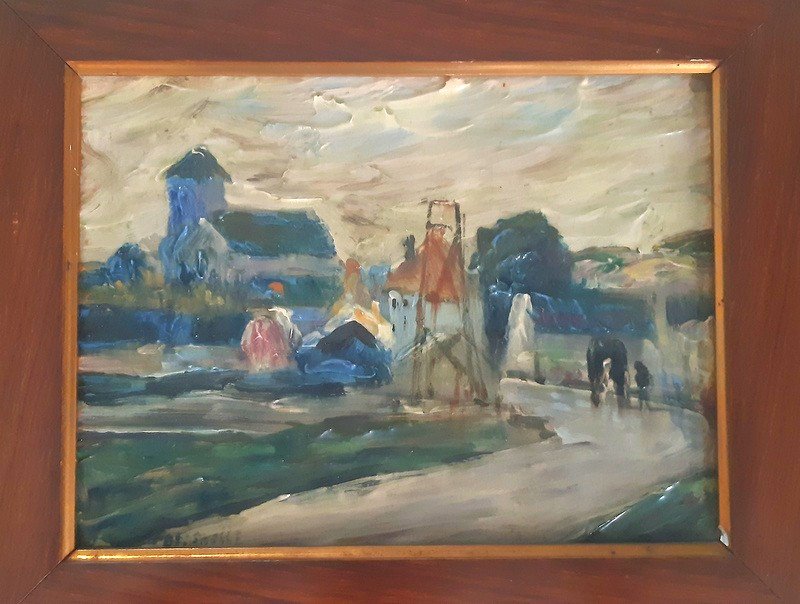 Jacques Van Coppenolle (1878 - 1915) Rare Plaque tableau Impressionniste En Barbotine Faïence d'Art De Marlotte Bézard et Mousseux  vue animée de Montigny-Sur-Loing-photo-2