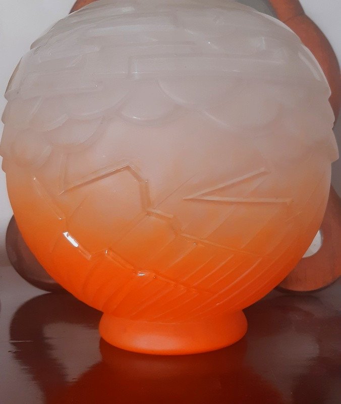 Charles Schneider Le Verre Français Superbe Et Important Vase Boule Géométrique verre poudré orange vif Art Déco Vers 1930-photo-2