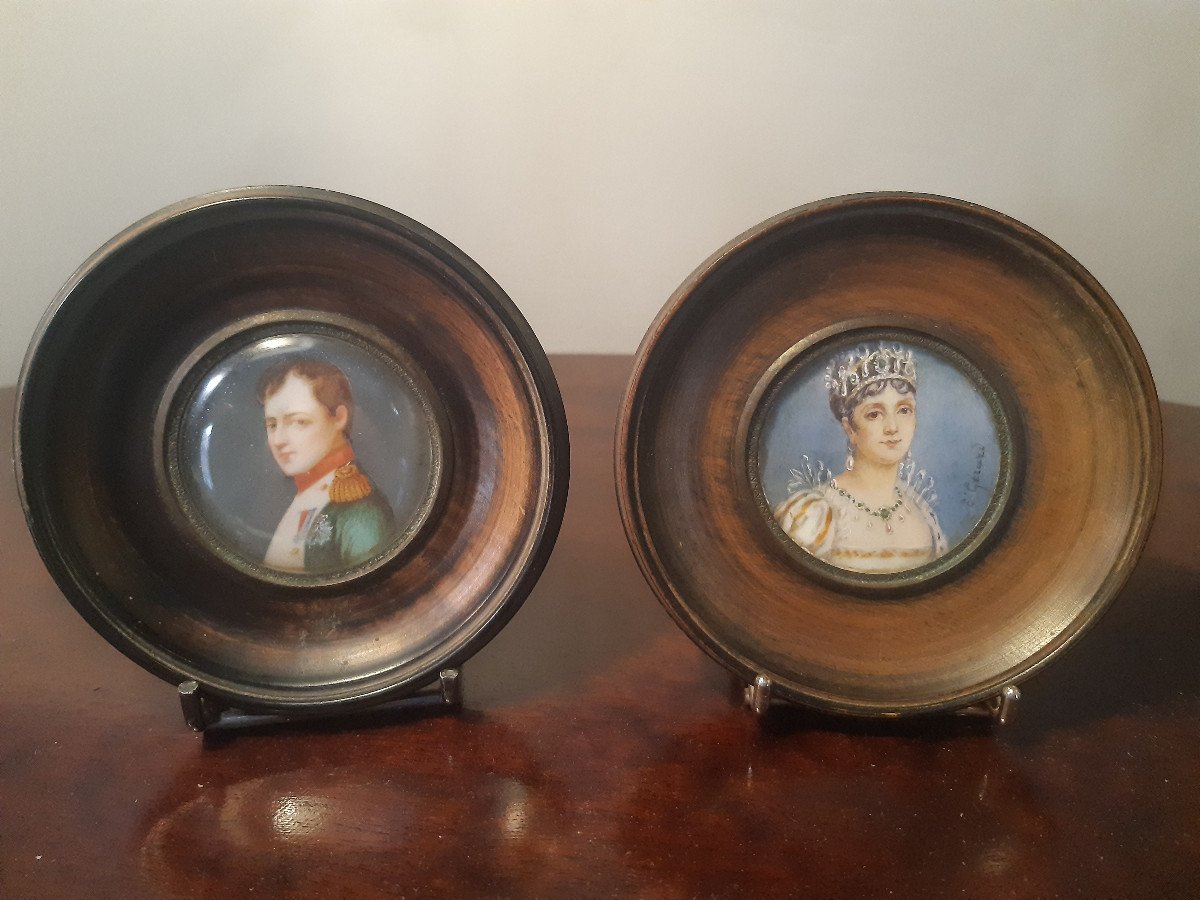 Napoléon 1er Et Joséphine Portrait Miniature à La Gouache Sur Ivoire-photo-2