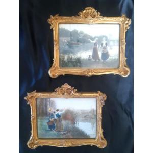 Lovely Small Frames In Golden Wood Art Nouveau Frame For Miniature With Lithography By Ridgway Knight