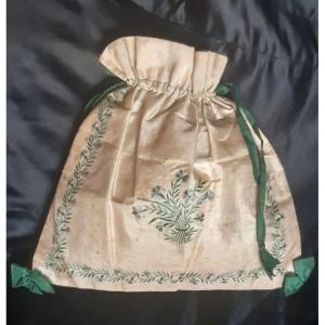 Joli Sac De Dame Réticule Bourse Aumônière En Soie Brodée De Bleuets époque Romantique XIXème S