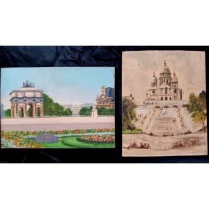 Deux Belles Vues De Paris Huiles Sur Panneau peinture tableau Le Carrousel Et Le Louvre Le Sacré Coeur