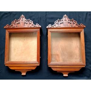 Rare Pair Of Wall Light Display Cases With Pediment And Lamp Base