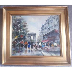 Maurice Legendre Animation At The Champs Elysées Paris Oil On Canvas In The Style Of Mério Ameglio