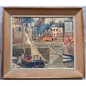 Beautiful View Of The Port Of Honfleur With Boat Oil On Canvas Painting Art Deco Period
