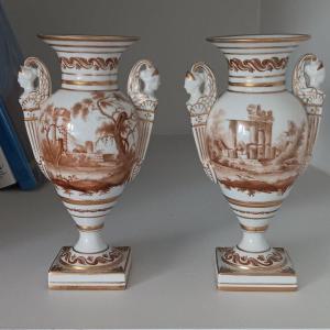 Elegant Pair Of Empire Vases On Dlg Porcelain Pedestal From Sèvres Landscape Of Antic Ruins