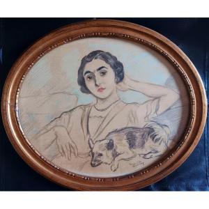 Tancrède Synave (1860-1936) Portrait Jeune Femme Et Son Chien Dessin Pastel Art nouveau déco