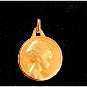 Emile Monier (1883-1970) Lovely Angel Baptism Medal In Yellow Gold 4.52 G