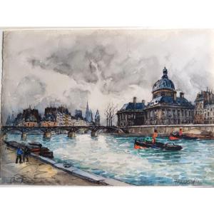 Frank Will (1900 - 1950) Watercolor Paris Tugs On The Seine