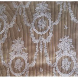 Ancienne Tenture Portière Rideau tissu Soie Jacquard à Rayures Et Médaillons Fleuris Louis XVI