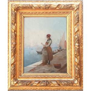 Paul Bistagne ( Marseille 1850 - 1886 ) Bord De Mer Animé Retour De Pêche