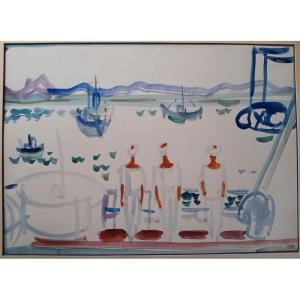  Jean Cluseau-Lanauve (1914-1997) Grande Aquarelle De Marins En Mer Sur Le Pont d'Un Bateau