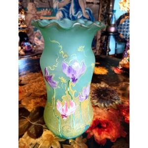 Rare Legras Art Nouveau Vase Enameled With Cyclamen Flowers Period 1900