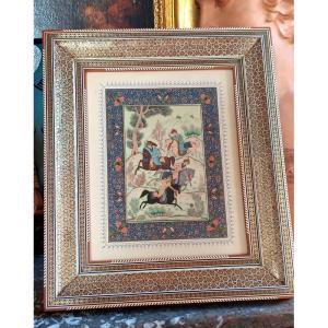 Oriental Indo Syrian Gouache Polo Game Painting Frame In Gilded Brass Micromosaic Marquetry