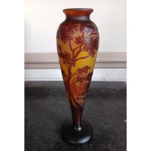 d'Argental Cristallerie Saint - Louis Vase Au Paysage Lacustre Art Nouveau 