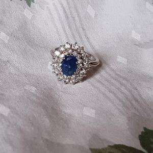 Ceylon Sapphire Ring And Double Row Of 32 Diamonds In 18 Carat White Gold