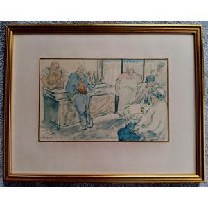 Henri Gabriel Ibels (1867-1936) Watercolor Drawing Café Scene Orator Defender Of Jaurès