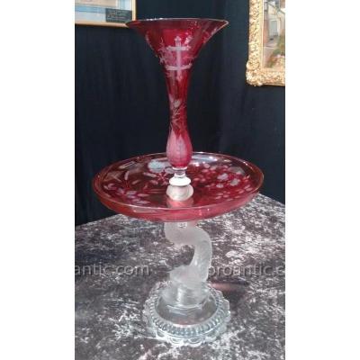 Large Baccarat Dolphin Display In Red Lined Crystal Very Richly Engraved 1900