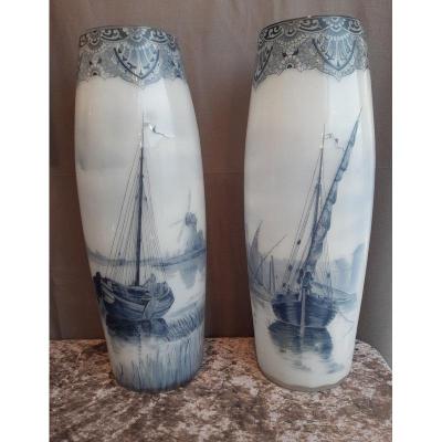 Legras Large And Beautiful Pair Of Vases In Opaline Decor Delft Enamelled Boat And Hollan Mill