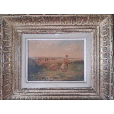 Charming Oil On Wood Panel Representing A Country Scene After Ridgway Knight