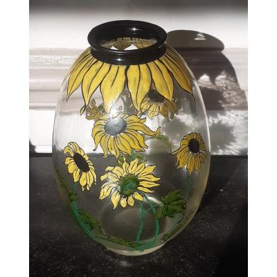 Rare Vase Aux Tournesols Cristallerie De Pantin Art Nouveau 