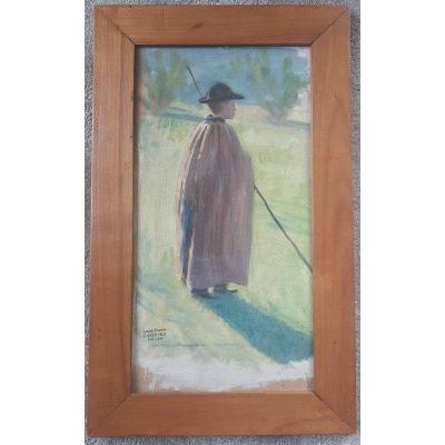 André-Eugène Costilhes (1865-1940) Petit berger pâtre au chapeau huile sur toile