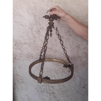 Monture De Suspension Lustre Vasque En Bronze Doré Avec Sa Chaîne Et Son Cache Bélière