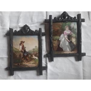 Paire De Peintures Tableaux Sur Porcelaine Jeune Femme Jeune Homme Cadres Forêt Noire