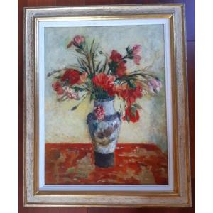 Horace Richebé (1871-1964) Magnificent Bouquet Of Red Rose Flowers In A Japanese Vase