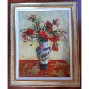 Horace Richebé (1871-1964) Magnifique Bouquet De Fleurs De Roses Rouges Dans Un Vase japonais