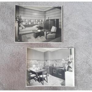 Ensemble De 2 Photos Du Studio Chevojon à Paris De Mobilier De Salon Et De Salle-à-manger d'époque Art déco datées 1935