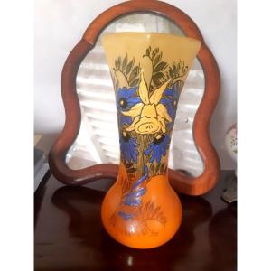 Legras Vase In Enamelled Glass With Cineraria And Daffodil Flowers Circa 1900