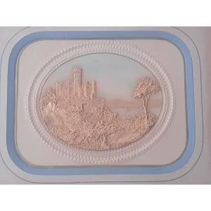 Charming Miniature Painting Representing A Castle In The Rhine Valley In Carved Cork And Aqua