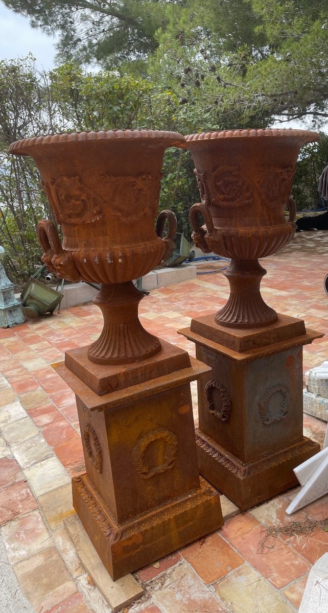 "paire De Vasques De Jardin/ Vases Medicis En Fonte Avec Leur Supports/piédestaux "-photo-2