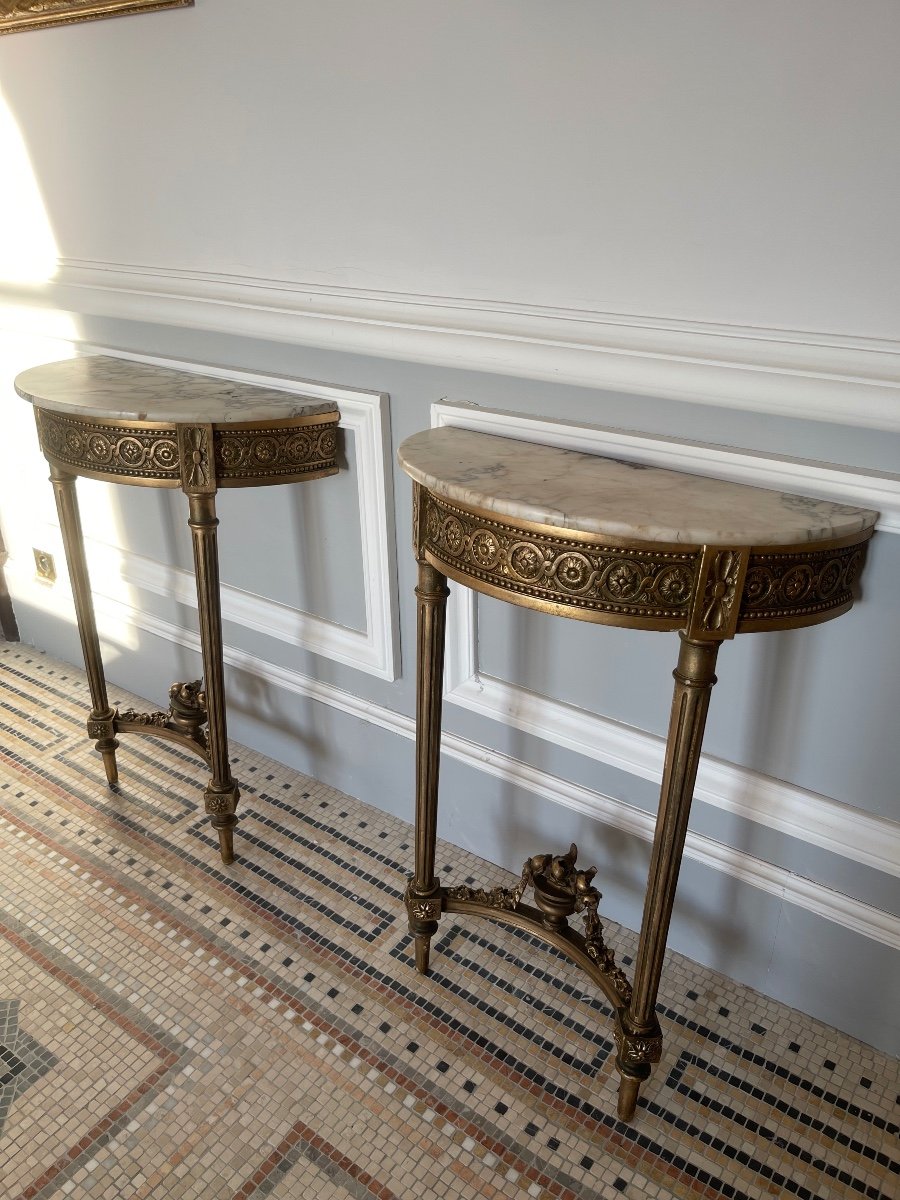 Pair Of Small Consoles/bedside Tables In Gilded Wood And Marble-photo-2