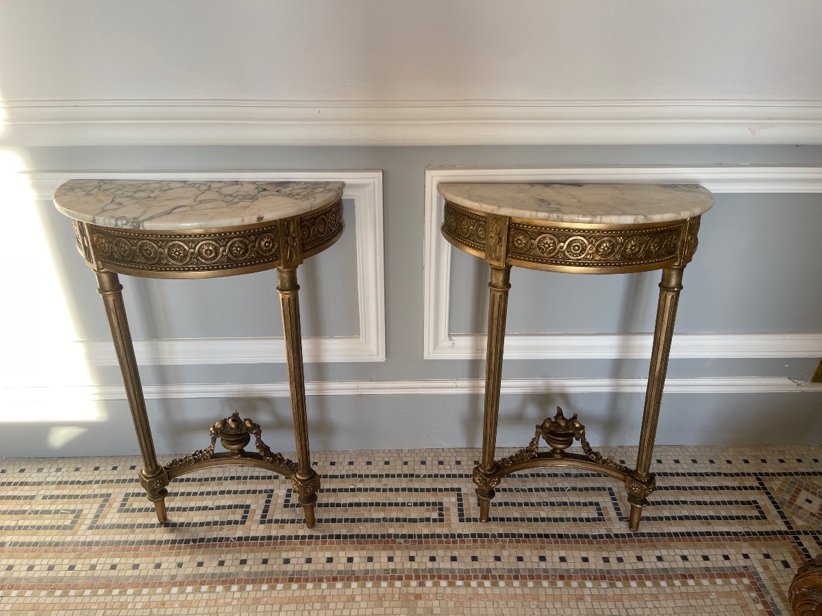 Pair Of Small Consoles/bedside Tables In Gilded Wood And Marble-photo-3