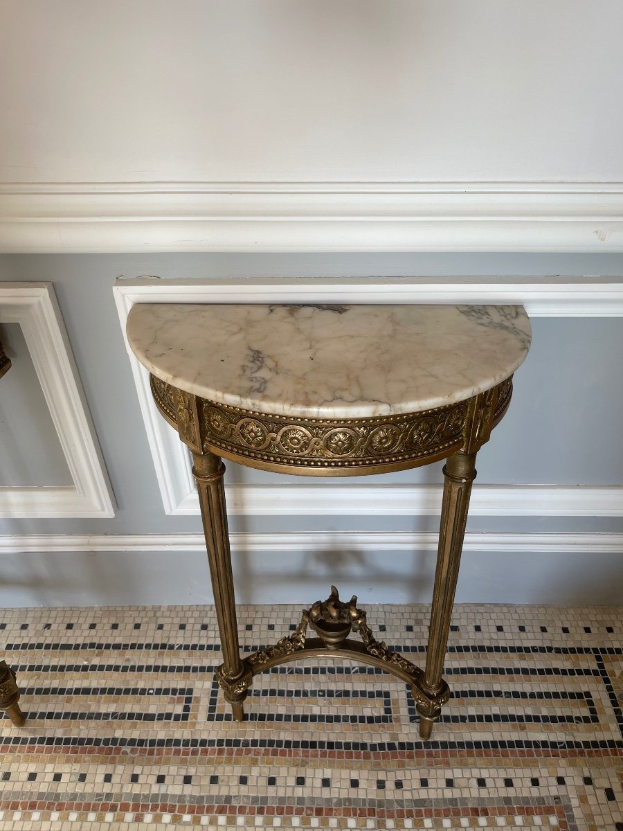 Pair Of Small Consoles/bedside Tables In Gilded Wood And Marble-photo-2