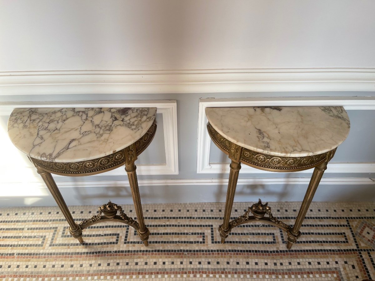 Pair Of Small Consoles/bedside Tables In Gilded Wood And Marble-photo-4