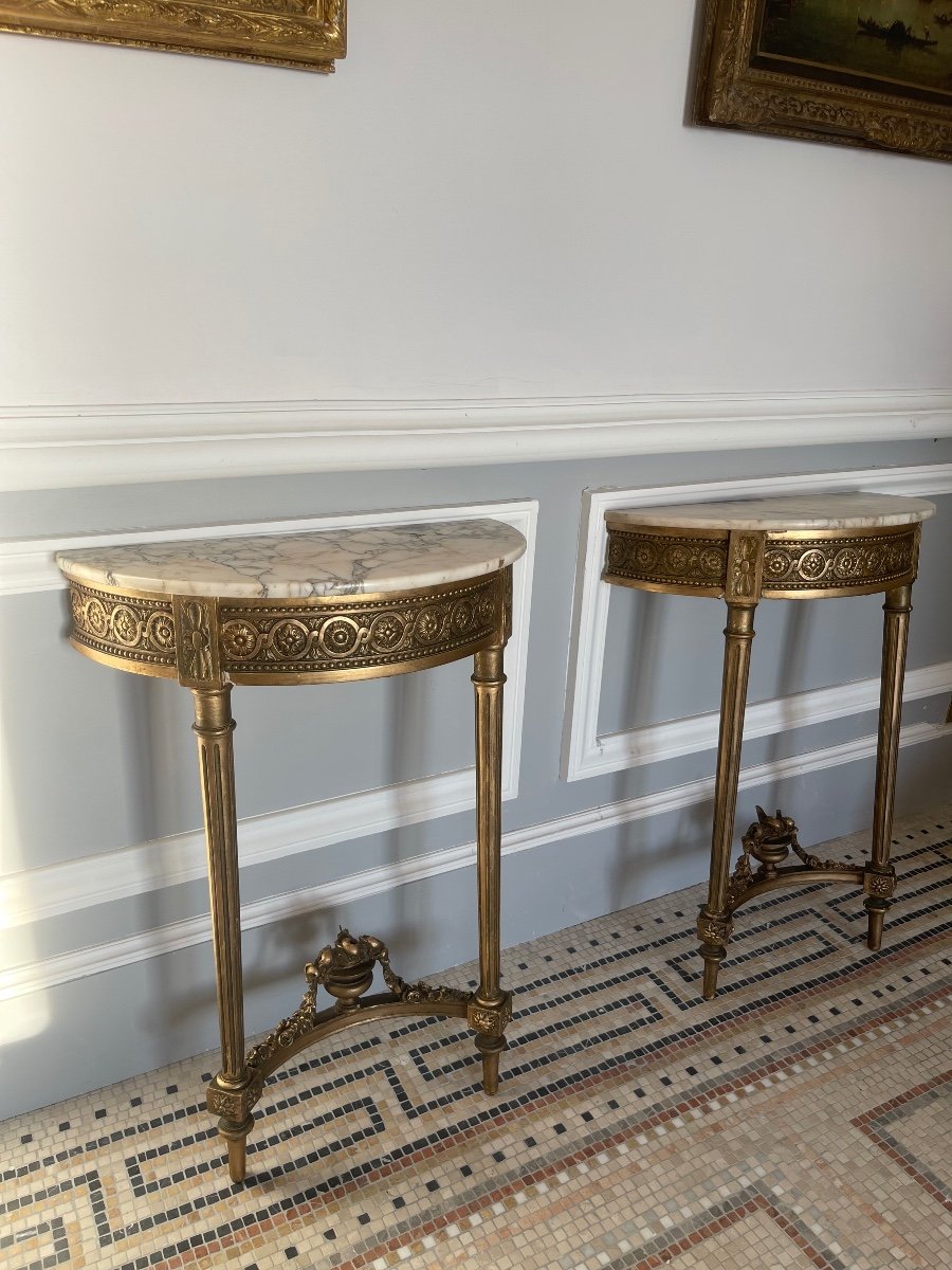 Pair Of Small Consoles/bedside Tables In Gilded Wood And Marble