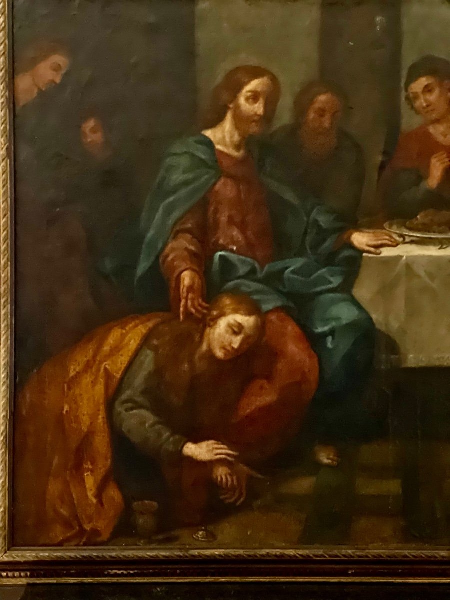 Large Painting XIX Eme The Meal At Simon Or The Washing Of Christ’s Feet By Mary Magdeleine-photo-3
