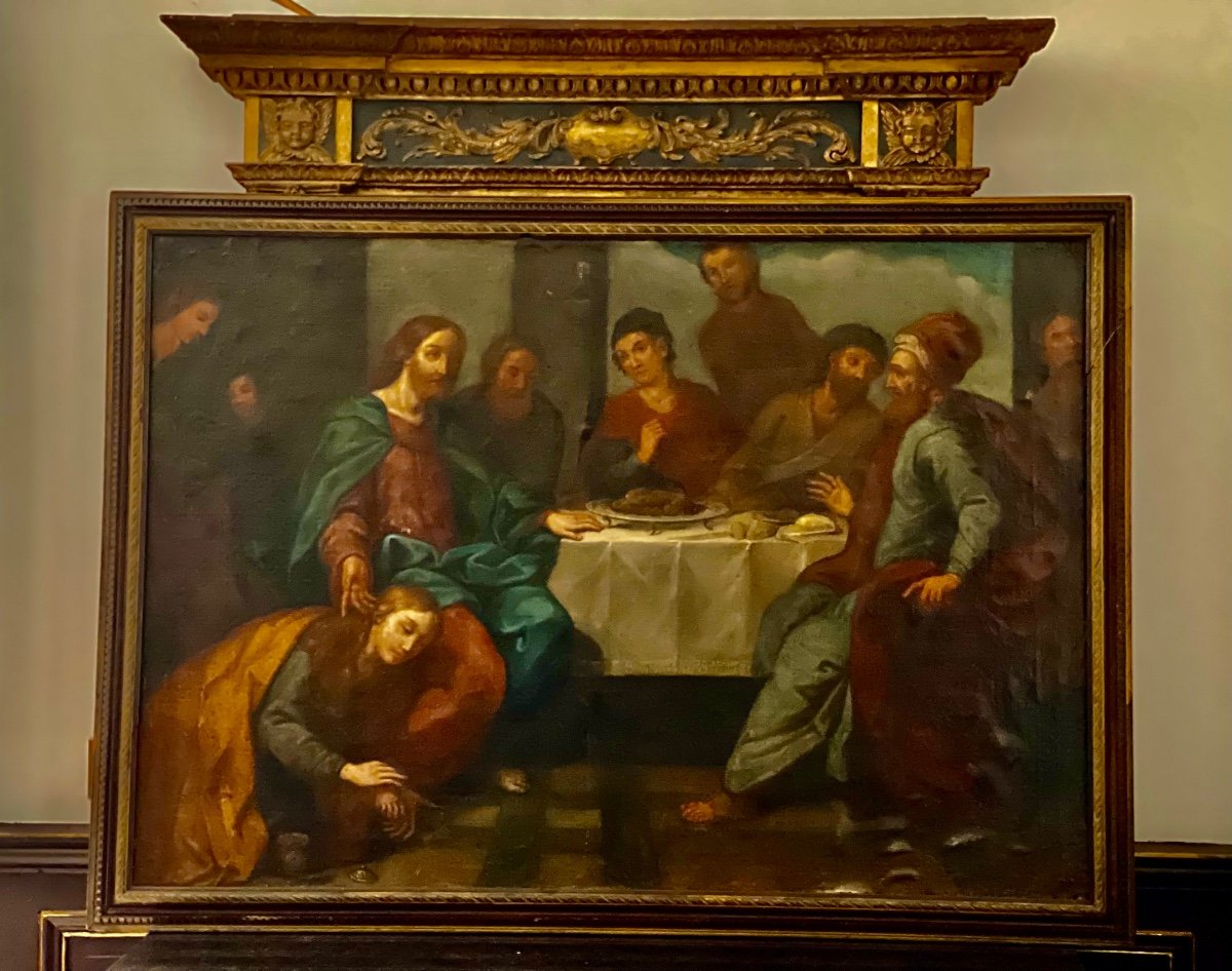 Large Painting XIX Eme The Meal At Simon Or The Washing Of Christ’s Feet By Mary Magdeleine