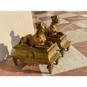 Pair Of Andirons Sphinxes In Gilt Bronze In The Taste Of Thomire