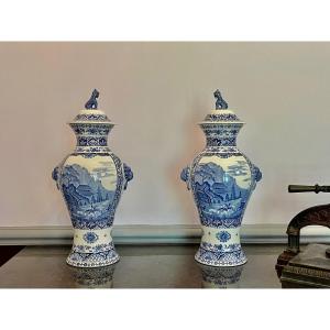 Pair Of Large Covered Vases In Gien Earthenware.