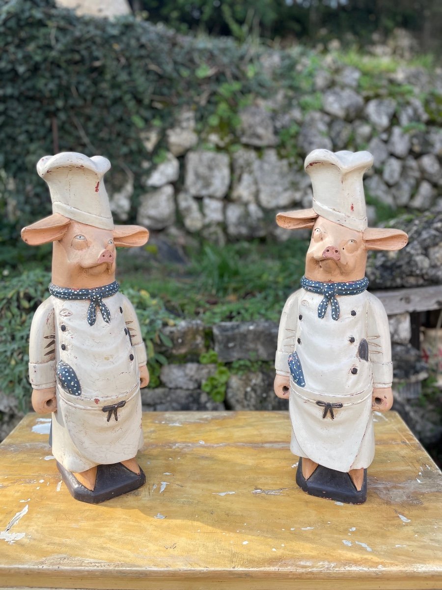 Pair Of Decorative Pigs In Polychrome Painted Wood 20th Century Period-photo-4