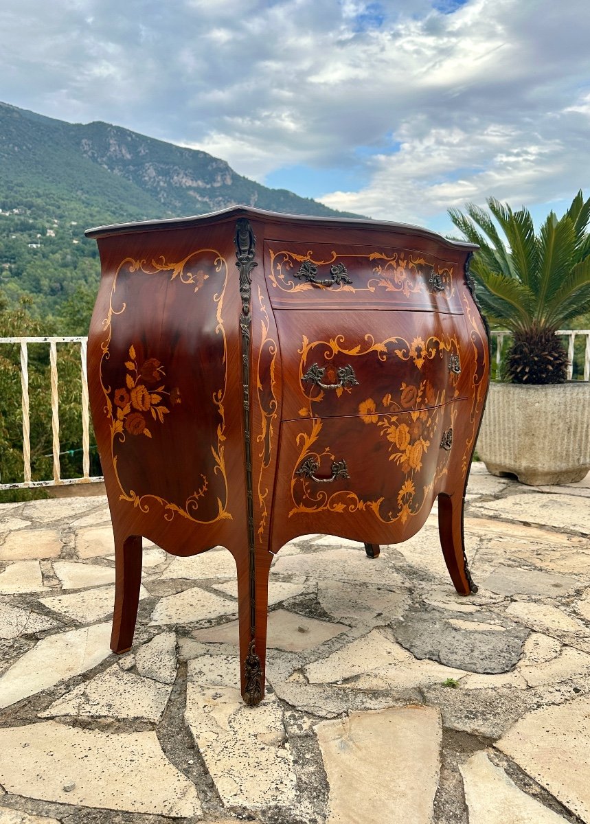 Petite Commode De Style Louis XV En Marqueterie De Bois De Rose époque XX Eme Siecle-photo-2