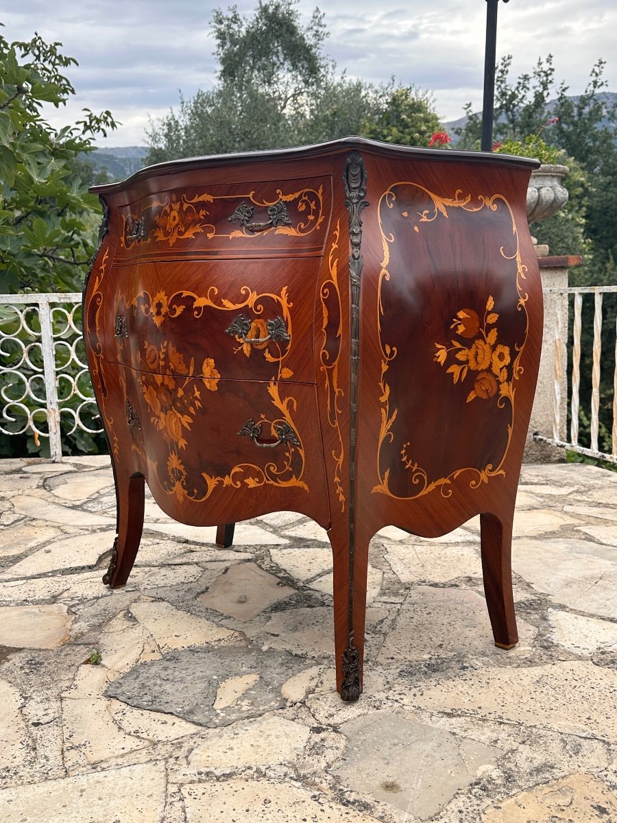 Petite Commode De Style Louis XV En Marqueterie De Bois De Rose époque XX Eme Siecle-photo-3