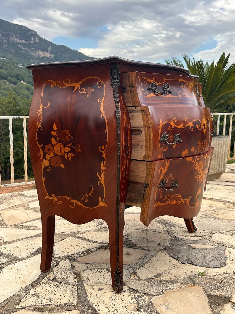 Petite Commode De Style Louis XV En Marqueterie De Bois De Rose époque XX Eme Siecle-photo-4