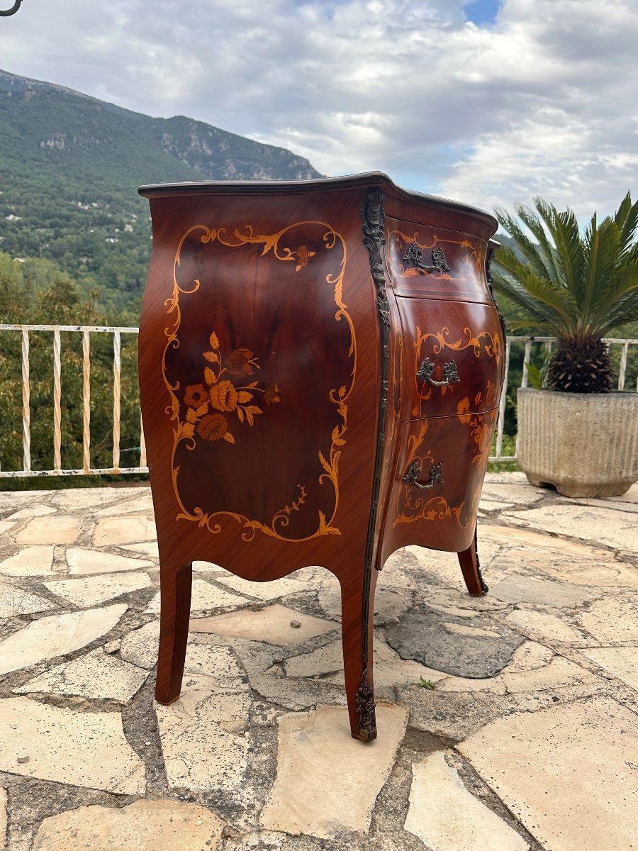 Petite Commode De Style Louis XV En Marqueterie De Bois De Rose époque XX Eme Siecle-photo-2