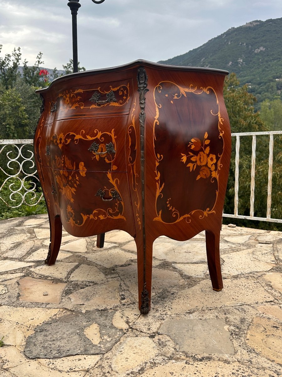 Petite Commode De Style Louis XV En Marqueterie De Bois De Rose époque XX Eme Siecle-photo-3