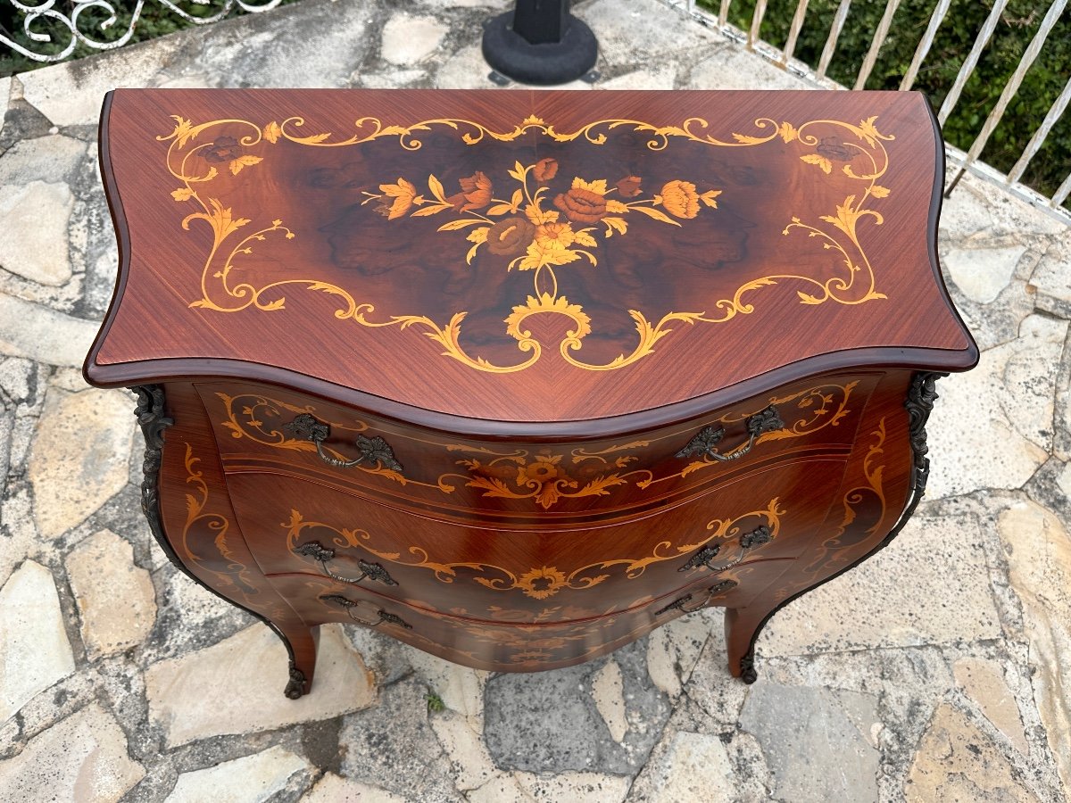 Petite Commode De Style Louis XV En Marqueterie De Bois De Rose époque XX Eme Siecle-photo-4